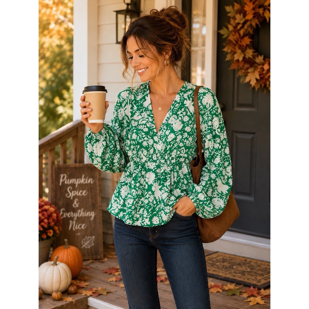 Dizzy Lizzy Women's Large Green White Floral Peplum Blouse Balloon Sleeve